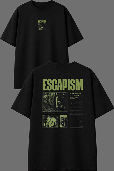 VSRN تي شيرت أسود كبير الحجم بتصميم Escapism مطبوع من الأمام والخلف