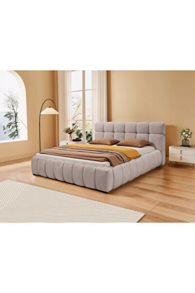 MarketMob Pat matrimonial 160x200 cm tapițat cu țesătură maro deschis, cu som...