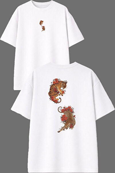VSRN Tiger and Cheetah Design Front and Back Printed White Oversize T-Shirt