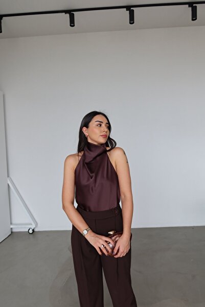 solena sln Women's Halter Neck Backless Satin Blouse