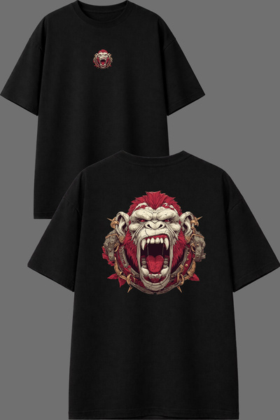 VSRN تي شيرت أسود كبير الحجم بتصميم Angry Gorilla مطبوع من الأمام والخلف