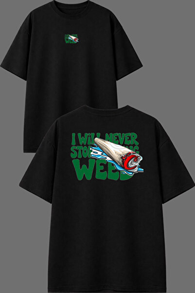 VSRN Tricou oversize negru cu imprimeu față și spate, cu mesajul „I Will Neve...