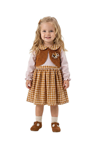 The-kid.co Crimson Heritage Plaid Baby Girls Dress Set - Camel