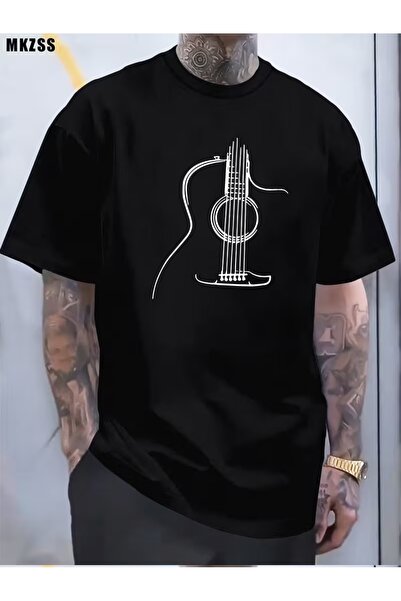 JENOLAN Men's Guitar Patterned Oversize T-Shirt Loose Fit