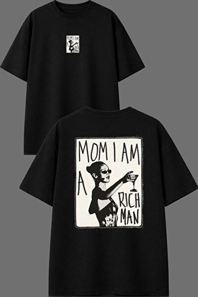 VSRN Tricou oversize negru cu imprimeu față și spate Rıch Man Design