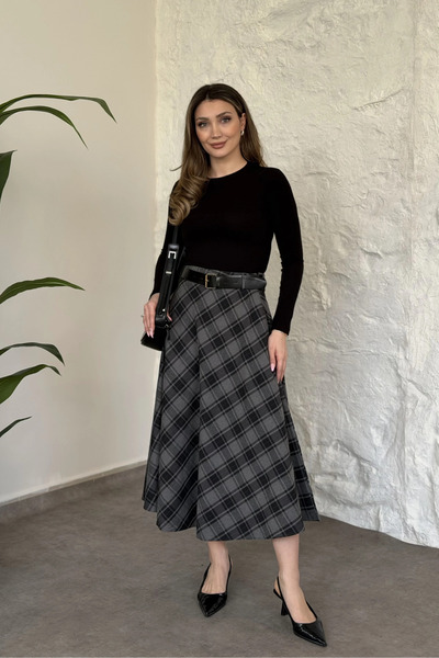 MOZENA Plaid Patterned Belted Midi Skirt