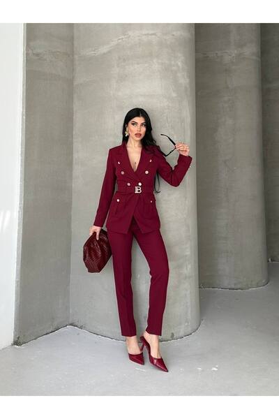 D'RECCY Women's Belted Blazer Jacket Fabric Pants Suit