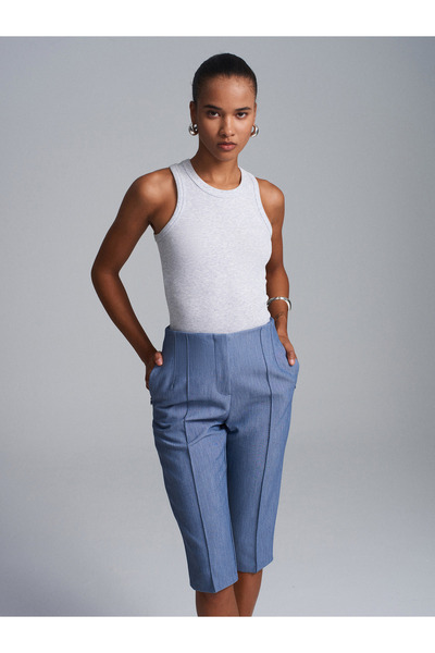 Dilvin 72649 Yırtmaçlı Kumaş Bermuda-İndigo