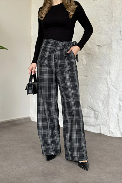 MOZENA Bel Foulard Tie Plaid Pattern Trousers
