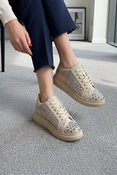 seda shoes Kalın Taban Taşlı Spor Ayakkabı Bej