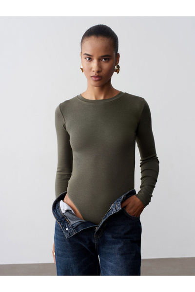 Dilvin 32695 Long Sleeve Bodysuit-Khaki