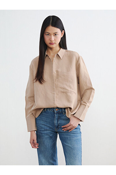 LC Waikiki Γυναικείο πουκάμισο μπεζ ριγέ oversized