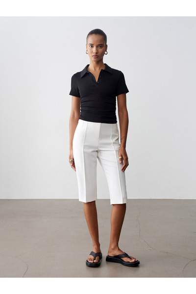 Dilvin 72649 Yırtmaçlı Kumaş Bermuda-Beyaz