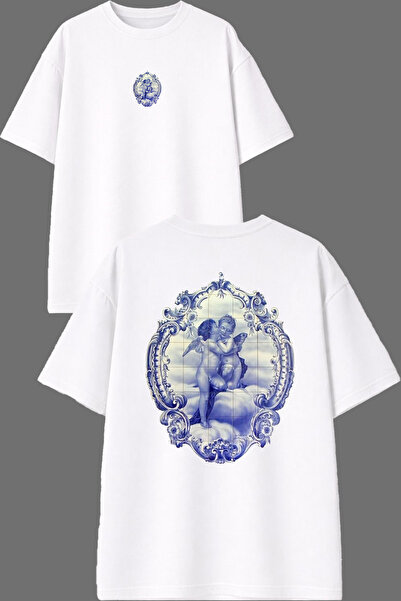 VSRN تي شيرت أبيض كبير الحجم بتصميم إطار ملائكي مطبوع من الأمام والخلف