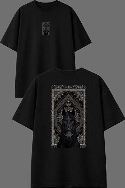 VSRN Tricou negru oversize cu imprimeu în față și în spate, cu design cal de ...