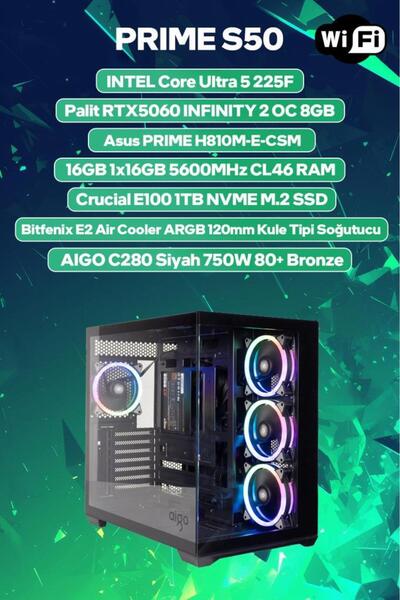 Game Garaj Prime S50 Intel Ultra 5 225F 16GB RAM 1TB SSD RTX5060 FreeDOS Oyun...