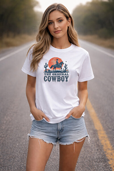 DEEPSENCE Women's White Oversize T-Shirt 100% Cotton Cowboy Design