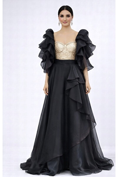 STARLİFE KADIN ABİYE SİYAH GOLD OMUZ DETAYLI ORGANZE ŞIK DAVET ELBİSESİ