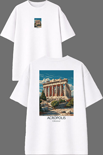 VSRN تي شيرت أبيض كبير الحجم بتصميم أكروبوليس اليونان مطبوع من الأمام والخلف