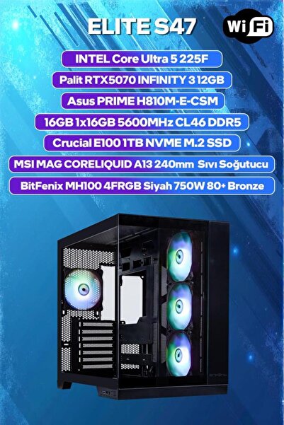 Game Garaj Elite S47 Intel Ultra 5 225F 16GB RAM 1TB SSD RTX5070 240mm Sıvı S...