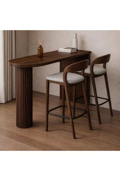 Trihome Masif Ahşap Koyu Ceviz Bar Masası – Flüt Ayaklı Modern Tasarım