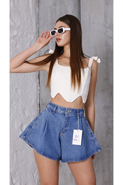 MARLİX Kot Shorts, Pleated, Oversized, 100% Cotton, Comfortable Fit Shorts