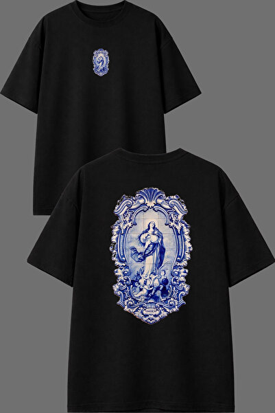 VSRN تي شيرت نسائي ذو تصميم إطاري مطبوع من الأمام والخلف باللون الأسود مقاس كبير