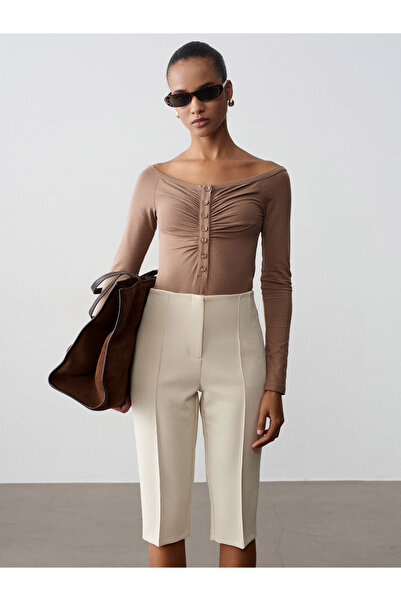 Dilvin 32661 Button Detailed Bodysuit-Mink