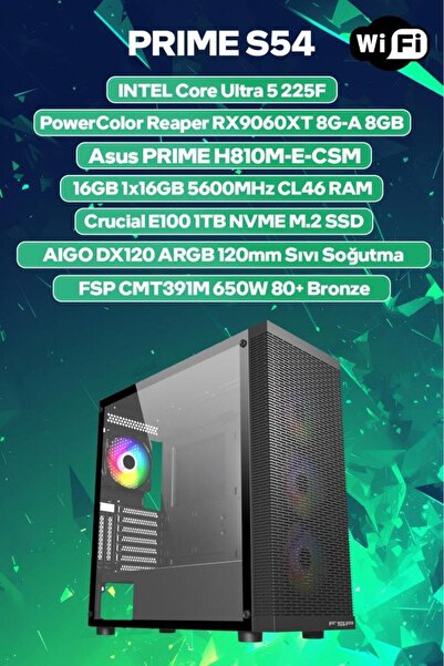 Game Garaj Prime S54 Intel Ultra 5 225F 16GB RAM 1TB SSD RX9060XT 8GB 120mm S...