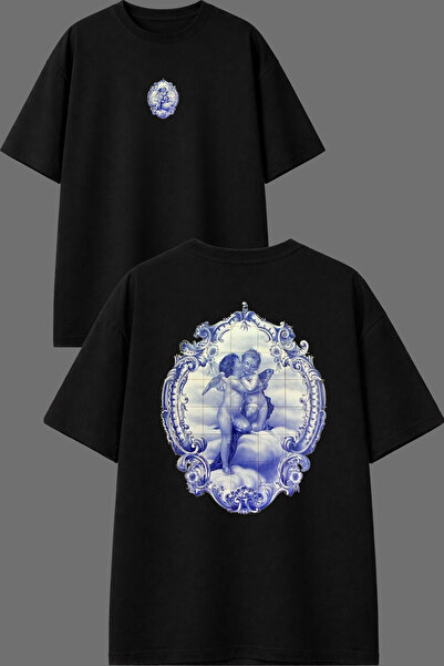 VSRN تي شيرت أسود كبير الحجم بتصميم إطار ملائكي مطبوع من الأمام والخلف