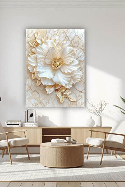 NET REKLAM Beyaz Çiçekli Kabartma Efektli Duvar Tablosu Modern Minimal Salon ...