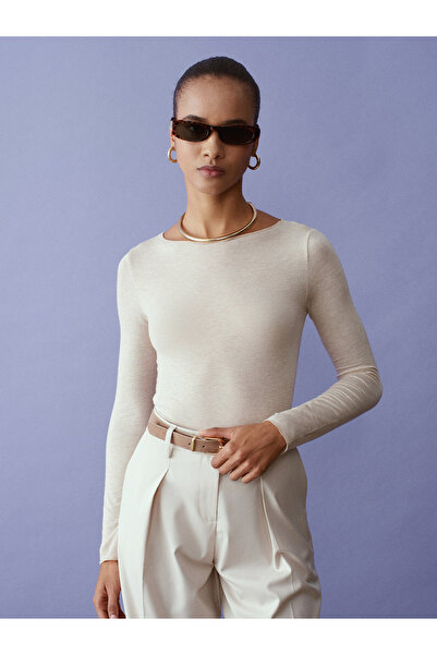 Dilvin 32122 Boat Neck Modal Cashmere Ultra Light Blouse-Beige Melange