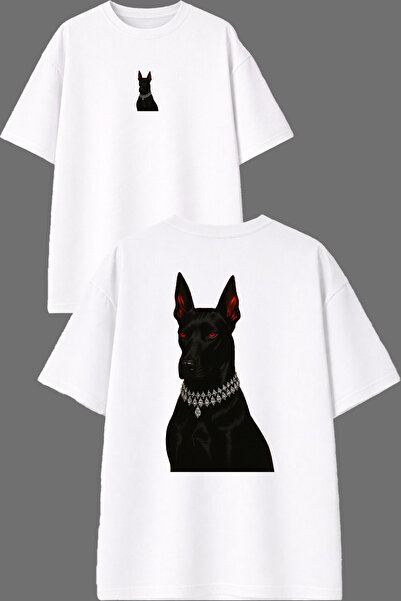 VSRN تي شيرت دوبيرمان بتصميم مطبوع من الأمام والخلف باللون الأبيض مقاس كبير