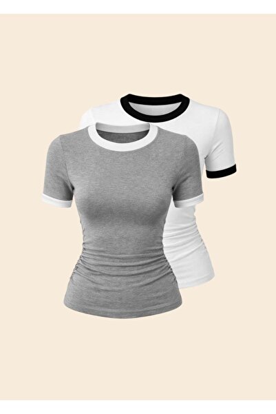 EVOA Women's 2-Piece Crew Neck Garni Detailed Draped Blouse & Bodysuit