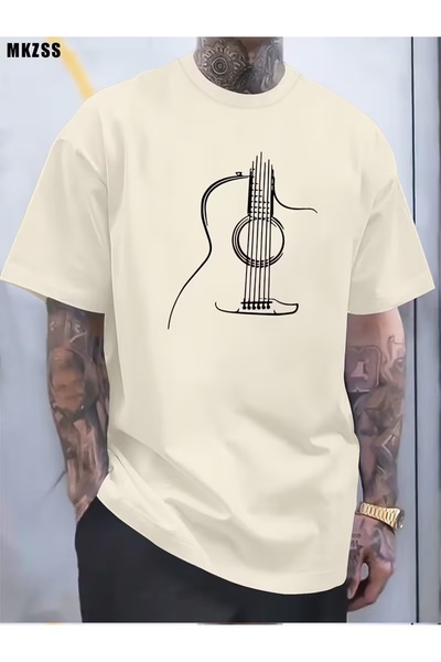 WOODROFFE Tricou oversize cu imprimeu chitară pentru bărbați, lejer