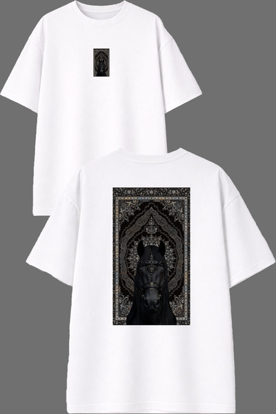 VSRN تي شيرت أبيض كبير الحجم بتصميم حصان عربي أسود مطبوع من الأمام والخلف