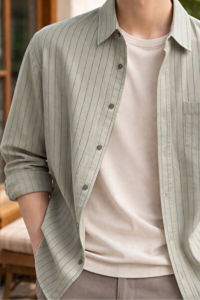 Varetta Cămașă verde pentru bărbați, cu dungi, cu mânecă lungă, croială largă...