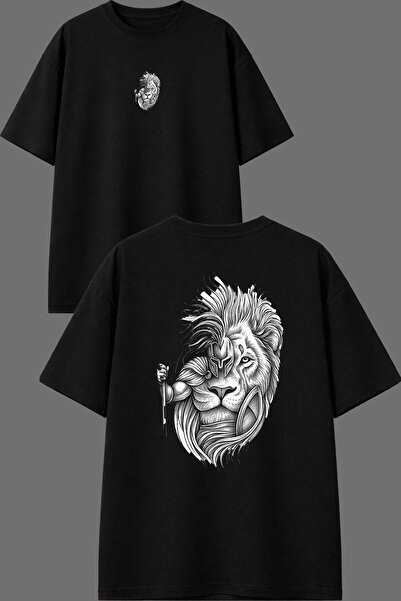 VSRN Tricou oversize negru cu imprimeu față și spate, design Leu și Cavaler