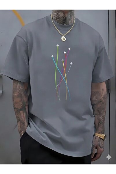 WOODROFFE Men's Jet Airplane Printed Oversize T-Shirt Loose Fit