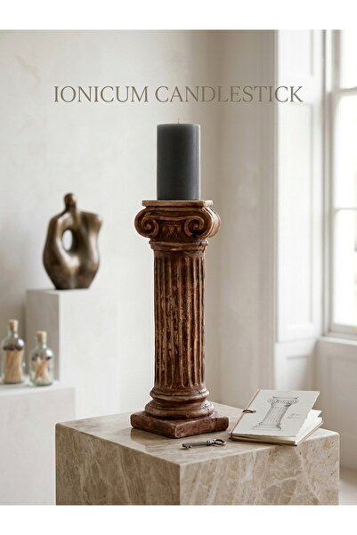 Ahlat Ağacı Ahşap Atölyesi Antik Eskitme İyon Sütun Şamdan 25 cm Dekoratif Mi...