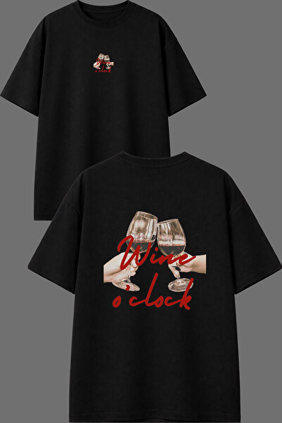 VSRN Tricou oversize negru cu imprimeu față-spate Wine O Clock Design