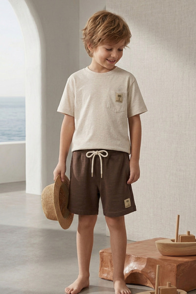 Zekalya Αγορίστικο μπεζ μπλουζάκι και καφέ σορτς – Βαμβακερό, άνετη εφαρμογή,...