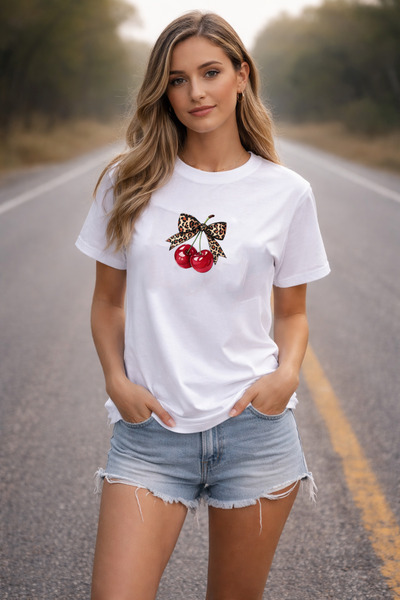 DEEPSENCE Women's White Oversize T-Shirt 100% Cotton Cherry Design