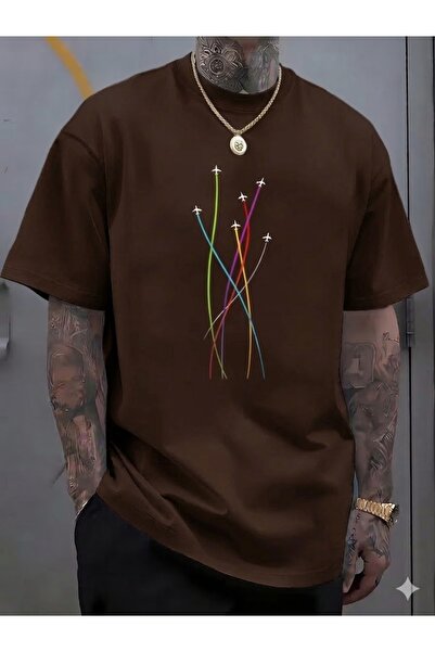 JENOLAN Men's Jet Airplane Printed Oversize T-Shirt Loose Fit