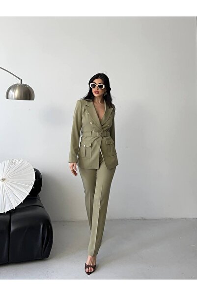 D'RECCY Women's Belted Blazer Jacket Fabric Pants Suit