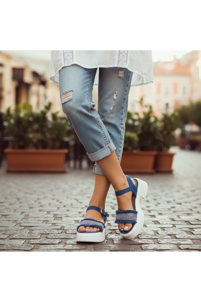 OEM Sandale cu platformă pentru damă, din material textil-denim, purtare casu...