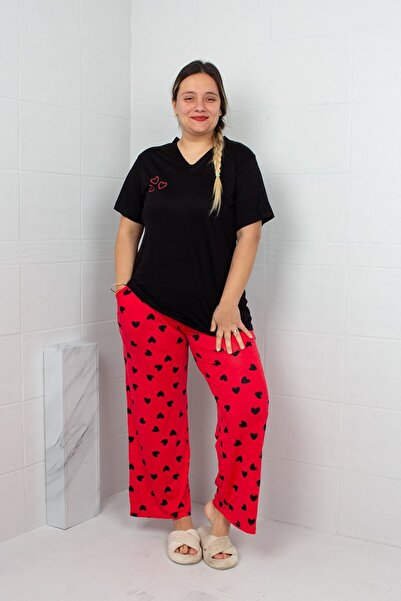 Truva XXL Women's Black V-Neck Red Heart Printed Viscose Combed Cotton Pajama...