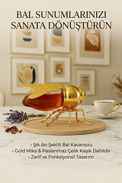 BEYZANA Dekoratif Gold Arı Şekilli Kaşıklı Bal Kavanozu ve Sunumluk | Mika Ka...