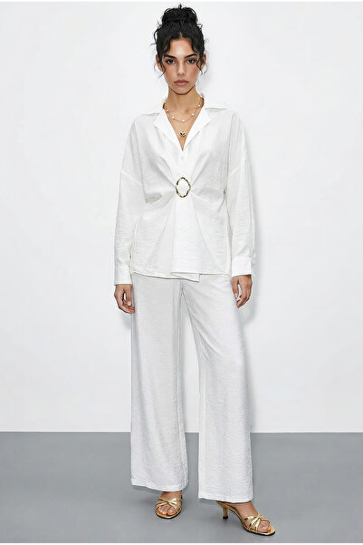 Bianco Lucci Kadın Aksesuarlı Oversize Gömlekli Bol Paça Pantolon Alt-Üst Tak...