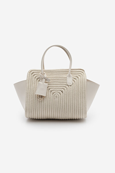 Marjin Women's Hand Knitted Charm Zipper Closure Handbag Refone Ecru Straw